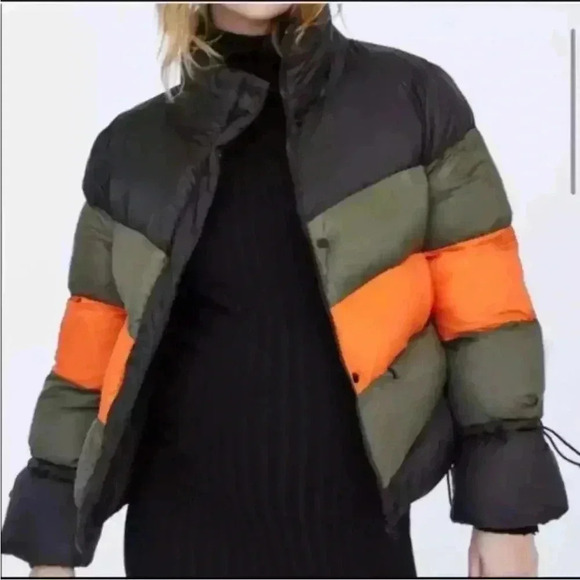 [S] Zara short puffer coat black orange green quilted color  blocking - Picture 4 of 12